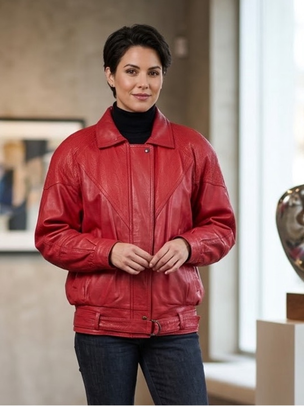 Red Leather Bomber Jacket Women vintage, Sz M